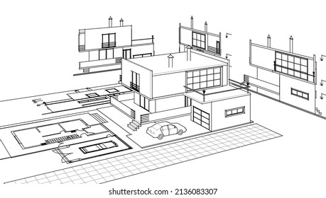 modern house architectural project sketch 3d illustration