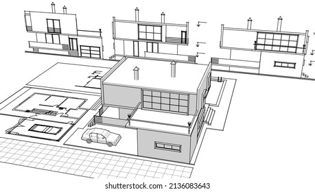 modern house architectural project sketch 3d illustration