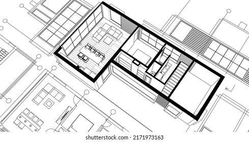 modern house architectural project sketch 3d illustration