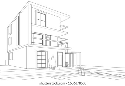 
modern house architectural sketch 3d illustration