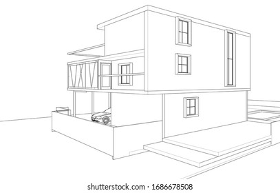 
modern house architectural sketch 3d illustration