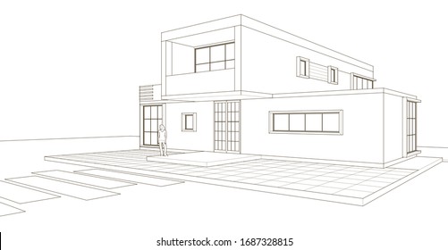 Modern House Architectural Sketch 3d Illustration