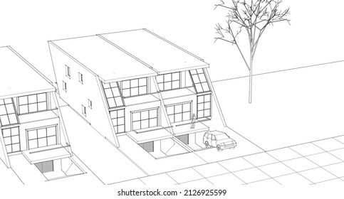 modern house architectural sketch 3d rendering