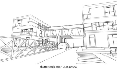 modern house architectural sketch 3d rendering