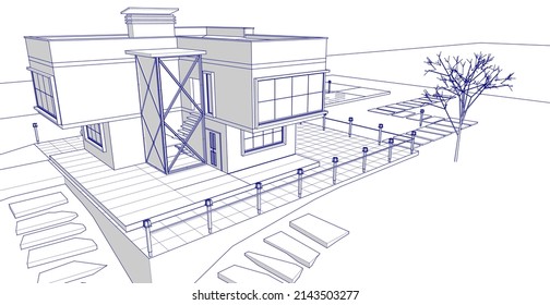 modern house architectural sketch 3d illustration