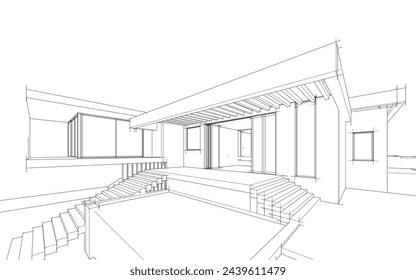 Modern house architectural sketch vector 3d illustration