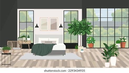 A modern house in the background, with a cozy green bedroom 