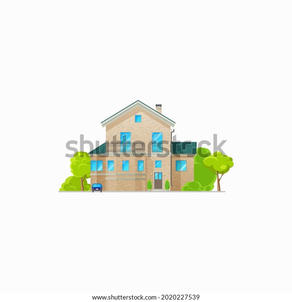 Modern house with balcony and windows isolated villa\
icon. Vector real estate building on rent or sale, chalet country\
house. Contemporary rural architecture, facade of modern home with\
parked car