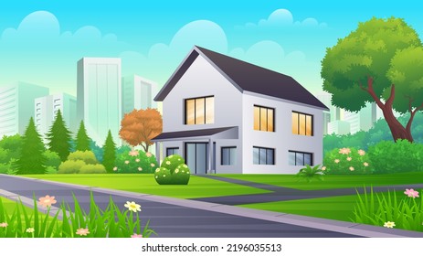 Modern house with beautiful green yard, street and trees. real estate, architecture, advertising Concept Vector Illustrations 