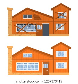 Modern house before and after repair. Old run-down home. Renovation building.Townhouse building apartment.Flat vector.Rural housing village chimney.