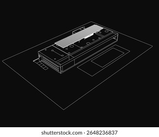 Modern house in a black and white line drawing, featuring clean architectural details, sharp angles, and a minimalist aesthetic. The illustration stands out against a dark background, highlighting.