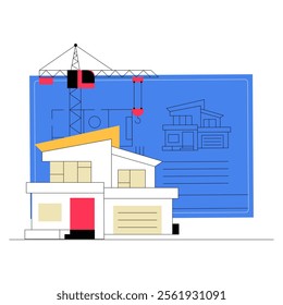 Modern House With Blueprint In Flat Vector Illustration Symbolizing Architecture, Home Design, And Construction Planning, Isolated On White Background.