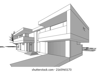 Modern house building architectural 3d illustration