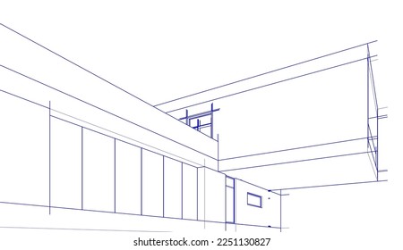 Modern house building architectural sketch 3d illustration