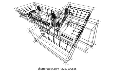 Modern house building architectural sketch 3d illustration