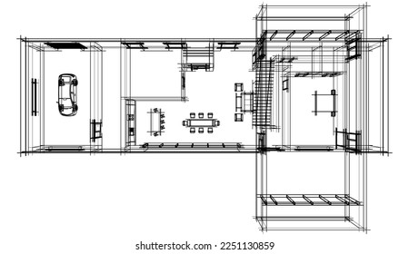 Modern house building architectural sketch 3d illustration