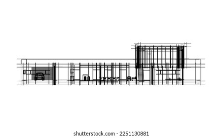 Modern house building architectural sketch 3d illustration