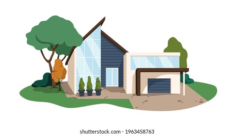 Modern house building. Contemporary architecture of private villa. Minimalistic residential construction with garage and yard. Colored flat vector illustration isolated on white background