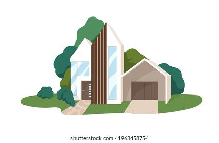 Modern house building exterior. Minimalistic contemporary villa architecture. Facade of suburban home. Realistic colored flat vector illustration of rural real estate isolated on white background