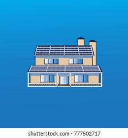Modern House Building Icon With Solar Battery Panels On Roof Home Isolated On Blue Background Vector Illustration