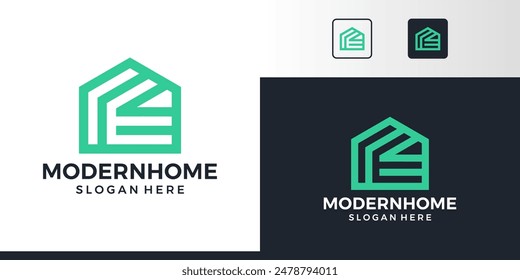 Modern house building Logo design. Home logo with abstract line style with initial letter E design graphic symbol icon vector