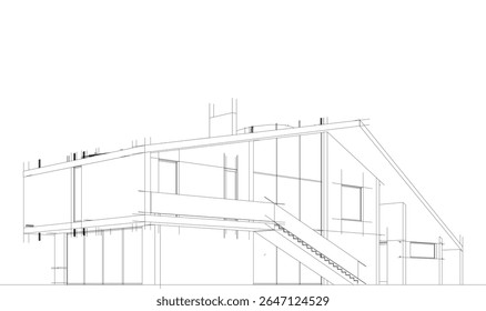 Modern house building with pitched roof. Architectural sketch 3d rendering
