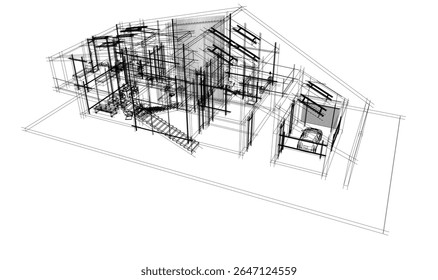 Construção de casa moderna com telhado arremessado. Desenho arquitetônico com renderização 3d
