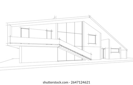 Modern house building with pitched roof. Architectural sketch 3d rendering
