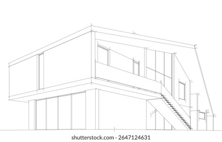Modern house building with pitched roof. Architectural sketch 3d rendering
