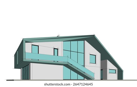 Modern house building with pitched roof. Architectural sketch 3d rendering
