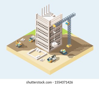 Modern house building process isometric 3D vector illustration. Construction site with industrial transport. Concrete mixer, crane, excavator. Heavy technique. Architectural project