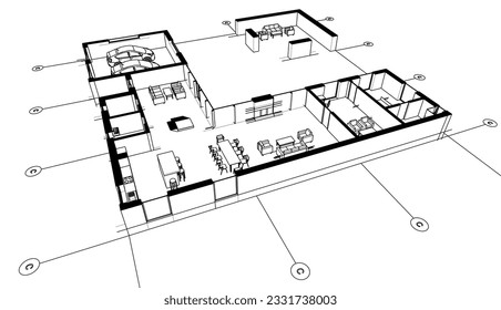 Modern house building sketch 3d illustration