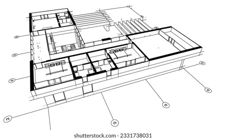 Modern house building sketch 3d illustration