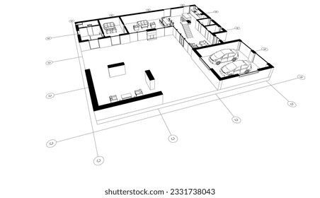 Modern house building sketch 3d illustration