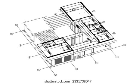 Modern house building sketch 3d illustration