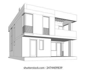 Dibujo arquitectónico 3d del boceto del edificio moderno de la casa