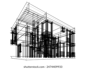 Modern house building sketch architectural 3d drawing