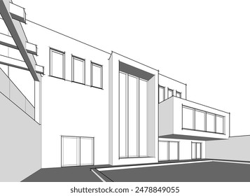 Modern house building sketch architectural 3d illustration