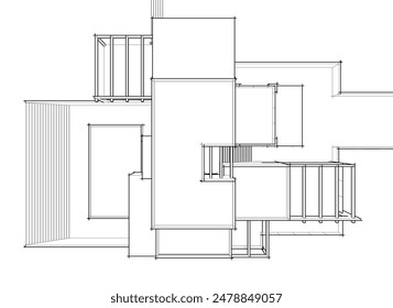 Modern house building sketch architectural 3d illustration