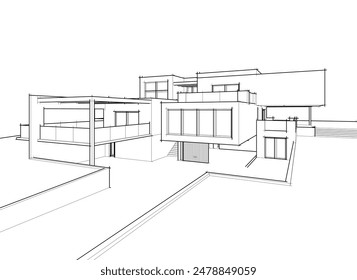 Modern house building sketch architectural 3d illustration