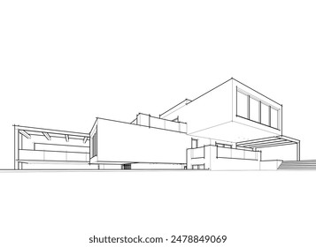 Modern house building sketch architectural 3d illustration