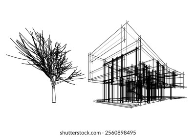 Modern house building sketch architectural 3d drawing 