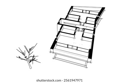 Modern house building sketch architectural 3d drawing 