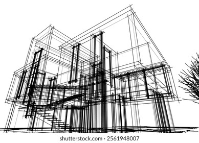 Modern house building sketch architectural 3d drawing 