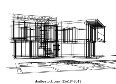 Modern house building sketch architectural 3d drawing 