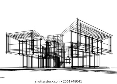 Modern house building sketch architectural 3d drawing 