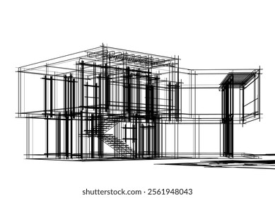 Modern house building sketch architectural 3d drawing 
