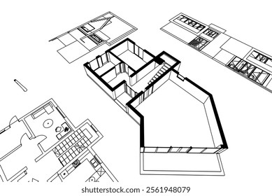 Modern house building sketch architectural 3d drawing 