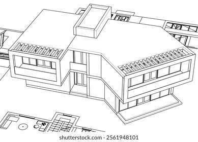 Modern house building sketch architectural 3d drawing 