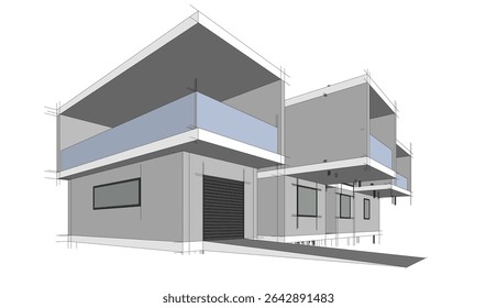 Modern house building sketch architectural vector 3d illustration